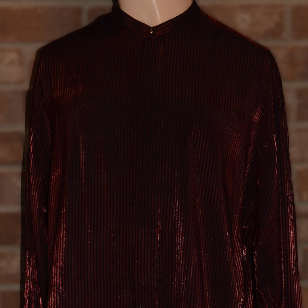 Roper Shirt Mens XL Extra Large Metallic Red Black Stripes Long Sleeve Shiny